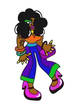 Funky girl. Young black lady in bright stylish outfit. Vector isolated illustration. Retro woman.