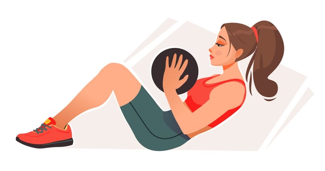A sporty woman in sportswear is engaged in sports or fitness. The girl does exercises on the press. Cartoon vector illustration.