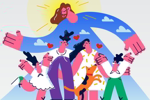 Loving Jesus figure embrace protect happy young family with kids. Caring Christ hug guard smiling parents and children. Religion and faith concept. Christianity. Flat vector illustration.