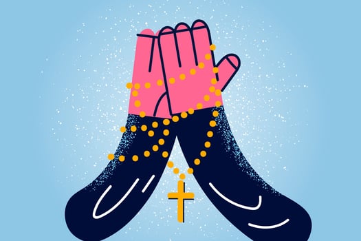 Close up of person hands with cross on chain in hands pray to God. Religious man believer feel thankful grateful show faith. Religion and belief. Christianity concept. Vector illustration.