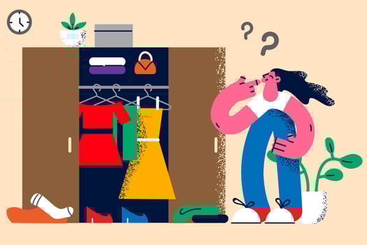 Pensive young woman look at wardrobe think what to wear. Confused girl consider about clothing outfit. Fashion and style. Female clothes problem concept. Flat vector illustration.
