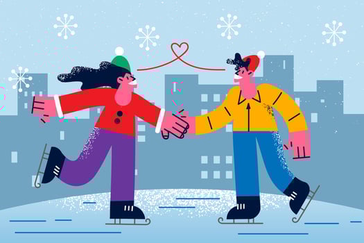 Smiling teen couple have fun skating together on rink outdoors. Happy man and woman in outerwear enjoy romantic date on winter holidays. Relationship and romance. Vector illustration.