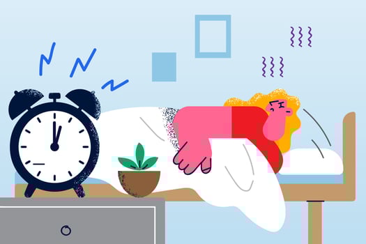 Tired young woman lying in bed feel tied to pillow unable wake up in morning with alarm clock ring. Exhausted lazy girl sleep in bedroom suffer from fatigue. Flat vector illustration.