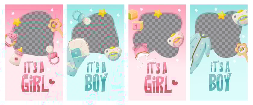 Baby shower template for social networks or a greeting card with a place for a photo. It's a girl. It's a boy. vector