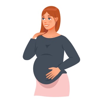 Smiling young woman touching belly excited with pregnancy. Motherhood concept. Vector illustration.