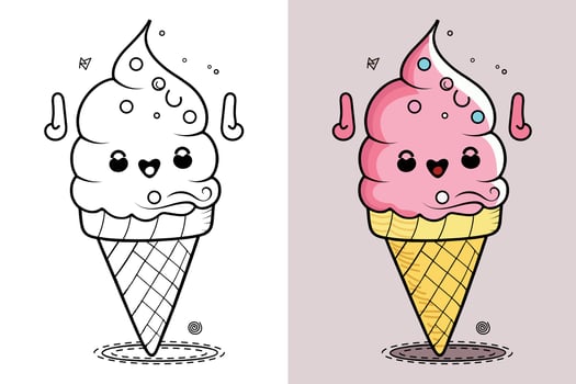 Cute Ice Cream Cartoon line art vector Icon illustration, Food drink Flat Cartoon Concept Pro Vector, Ice Cream Cartoon, Ice Cream cone, cartoon ice cream