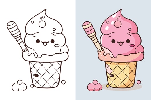 Cute Ice Cream Cartoon line art vector Icon illustration, Food drink Flat Cartoon Concept Pro Vector, Ice Cream Cartoon, Ice Cream cone, cartoon ice cream