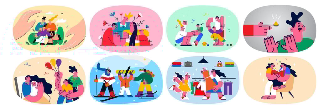 Set of happy parents with kids play and study together. Collection on father and mother enjoy happy life with small children. Childbirth and upbringing concept. Flat vector illustration.