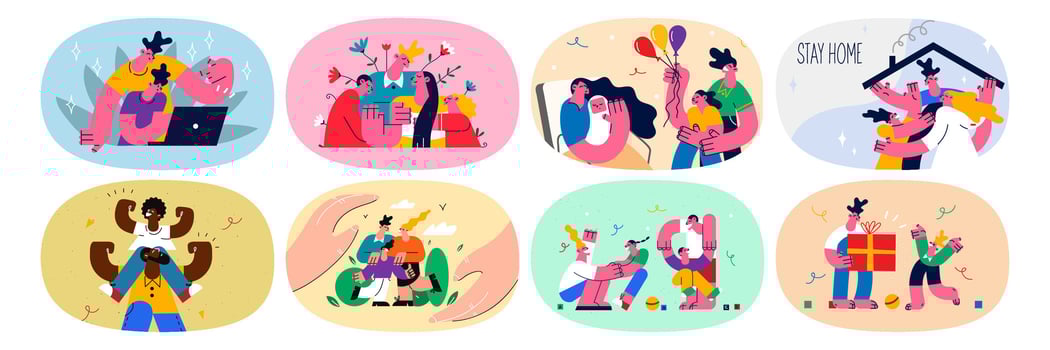 Set of happy family with children have fun play relax on corona virus quarantine. Collection of parents with kids rest stay indoors at home on covid-19 lockdown pandemic. Flat vector illustration.