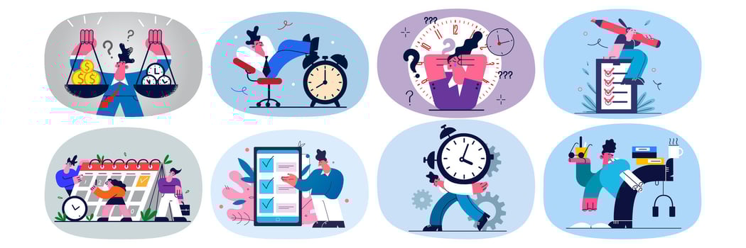 Collection of employees or workers multitask with workload, manage to meet deadline in office. Set of businesspeople overwhelmed stressed with work task. Time management. Vector illustration.