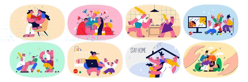 Set of family with children relax at home on covid-19 quarantine pandemic. Collection of parents with kids rest play stay home on corona virus lockdown. Healthcare. Flat vector illustration.