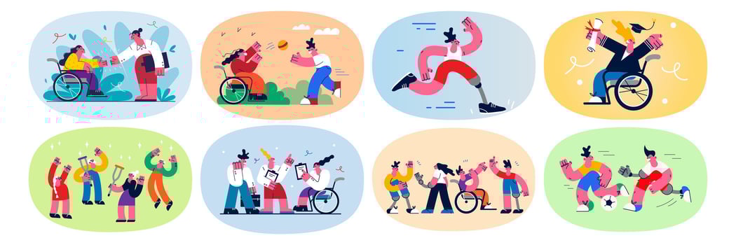 Set of diverse people with physical disabilities have fun play and graduate from university. Collection of men and women with chronic disability live full life. Diversity. Flat vector illustration.