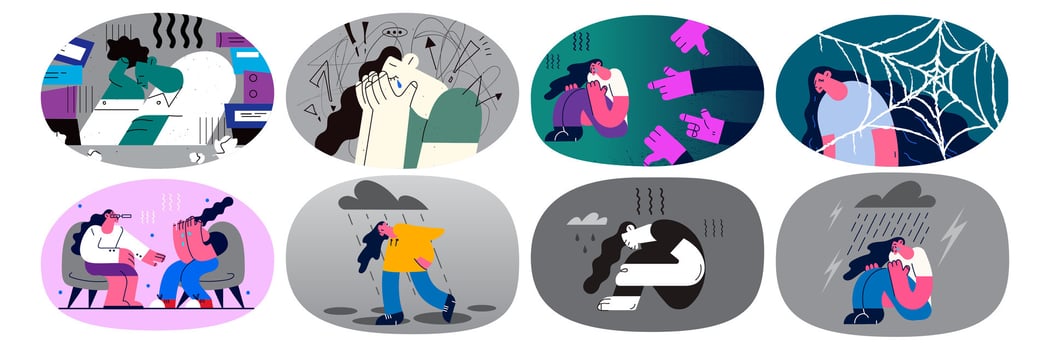 Set of unhappy broken young woman cry feel depressed suffer from anxiety or mental disorder. Collection of upset sad female struggle with depression. Psychological problem. Vector illustration.