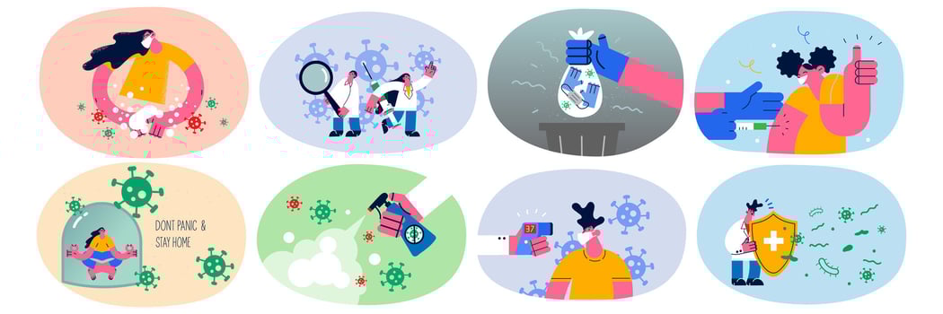 Set of people get vaccinated disinfect hand from corona virus. Collection of persons take measures against covid-19 pandemic. Reusable safety means, disinfection and lockdown. Vector illustration.