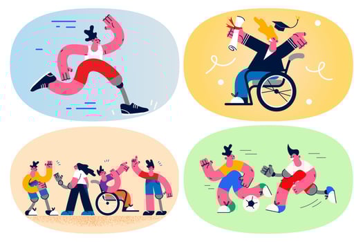 Set of people with disabilities achieve sport or education goal. Collection of men and women with physical disability live normal full life. Equality and diversity. Flat vector illustration.