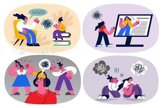 Set of stressed people with mess chaos in head need psychology or mental treatment. Bundle of frustrated person suffer from depression or disorder unravel deal with problems. Vector illustration.
