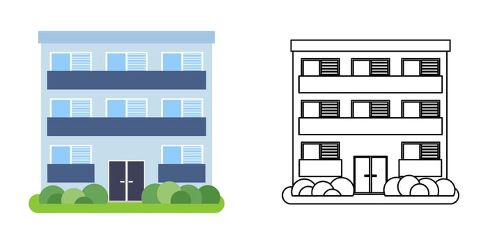 House front view in flat and line style on white background. Isolated cottage and real estate building facade. Vector illustration