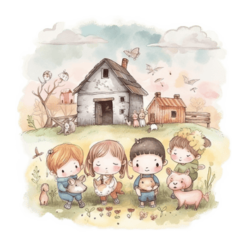 Cute Kids on The Farm Watercolor Art, png