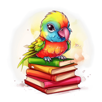 Cute Parrot on Books Watercolor Art, png