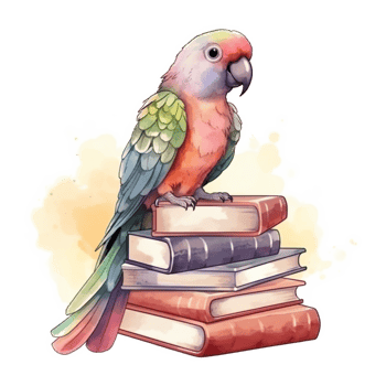 Cute Parrot on Books Watercolor Art, png