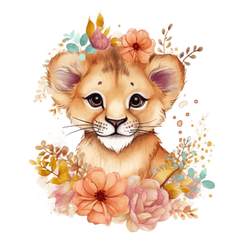 Lion Cub Floral Watercolor Art, png