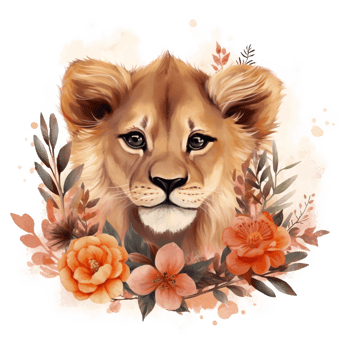 Lion Cub Floral Watercolor Art, png