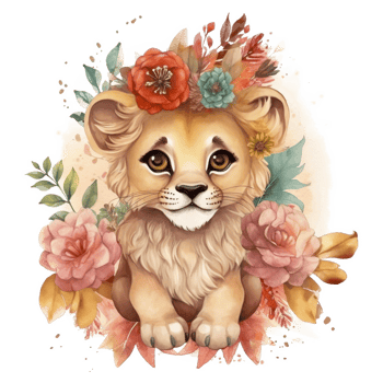 Lion Cub Floral Watercolor Art, png