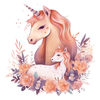 Mom and baby Unicorn Floral Watercolor Art, png