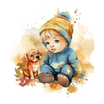 Watercolor Cute Baby Boy and Dog Sublimation Design, png