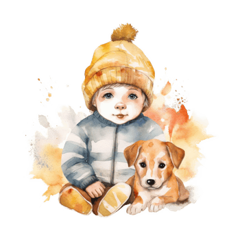 Watercolor Cute Baby Boy and Dog Sublimation Design, png