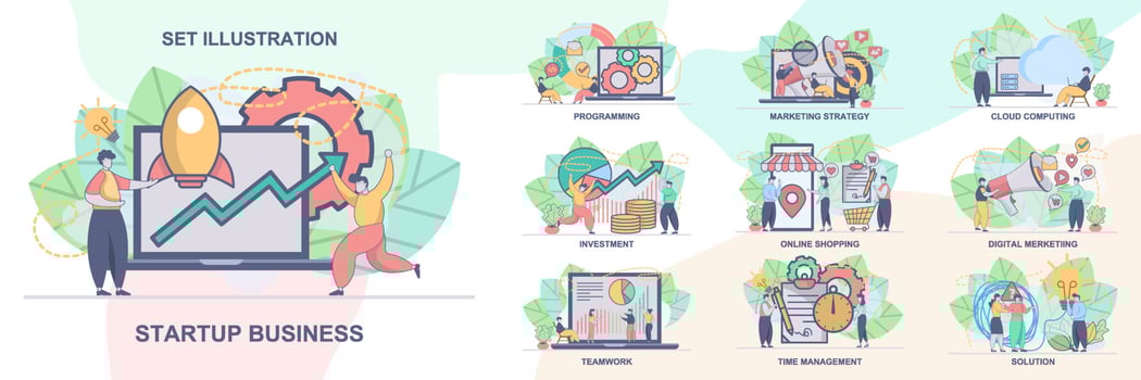 Set of web page design templates for online shopping, digital marketing, teamwork, strategy, investment, solution etc . Modern vector illustration concepts for website and mobile website development.