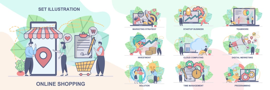Set of web page design templates for online shopping, digital marketing, teamwork, strategy, investment, solution etc . Modern vector illustration concepts for website and mobile website development.
