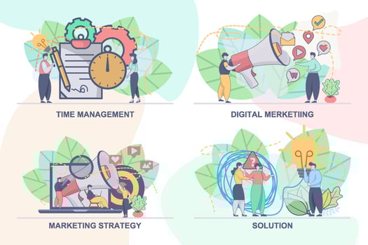 Set of web page design templates for time management, marketing strategy, digital marketing, solution. Modern vector illustration concepts for website and mobile website development.