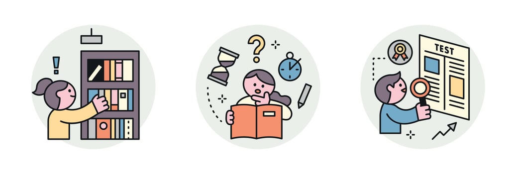 Education. Students studying hard and taking exams. Library, test preparation, answer search. vector
