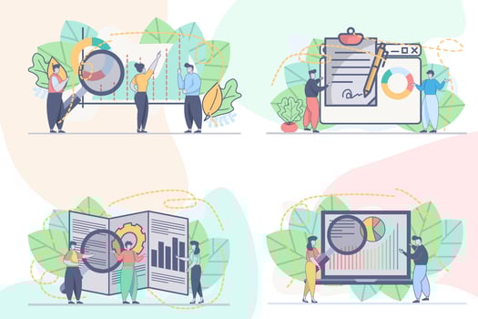 Set of web page design templates for Data analysis, business analytics. Online financial data analysis web page composition with people characters. Modern vector illustration concepts