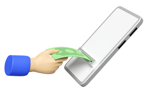 3D spend money, contributing, settle pay by smartphone concept, cartoon hands holding banknote payment for goods icon isolated. mobile phone deposit, 3d render illustration png