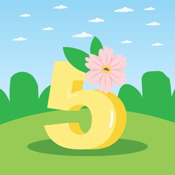 A cartoon number 5 with a floral pink flower nature background vector