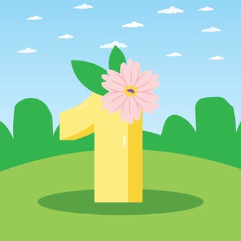 A cartoon number 1 with a floral pink flower nature background vector