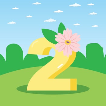 1A cartoon number 2 with a floral pink flower nature background vector