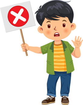 Cute boy standing holding with wrong sign png