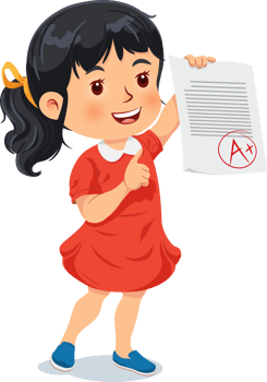 Cheerful girl shows perfect test results, including an A plus grade png