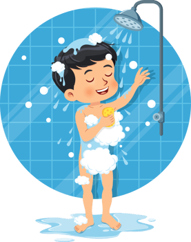 Cute boy is taking a shower in the bathroom png