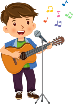 Happy cute boy is playing the guitar and singing into a microphone. Children playing music concepts png