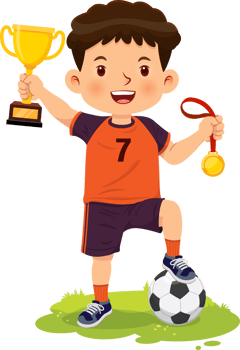 Happy smiling boy stands holding gold medal and trophy from winning football games png