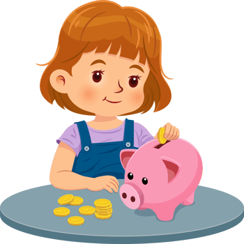 Cute little girl putting coins into a piggy bank. The concept of saving money and planning finance png