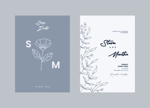 A set of Minimalist wedding invitation templates with hand drawn flowers and leaves decoration vector