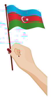 Female hand gently holds small flag of Azerbaijan. Holiday design element. Cartoon vector on white background