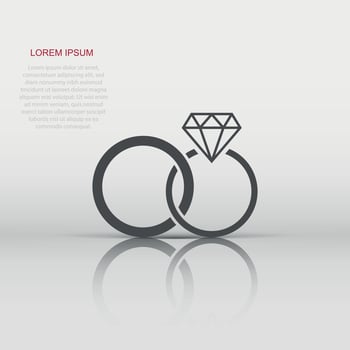 Engagement ring with diamond vector icon in flat style. Wedding jewelery ring illustration on white isolated background. Romance relationship concept.