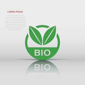 Bio label badge vector icon in flat style. Eco organic product stamp illustration on white isolated background. Eco natural food concept.