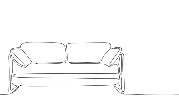One continuous line illustration of furniture of living room. Continuous line drawing of modern sofa. Vector illustration.